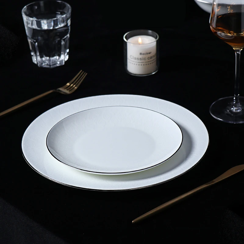 Минималистские тарелки из костяного фарфора Роскошная посуда Белая светло-серая посуда из тонкого фарфора Ресторанные тарелки