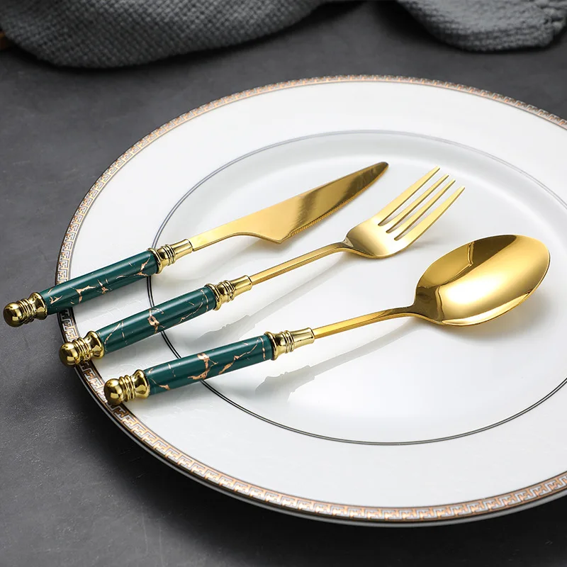 Wholesale Custom Eco-Friendly Knife Fork and Spoon Gold Plated Cutlery Ceramic Flatware Set