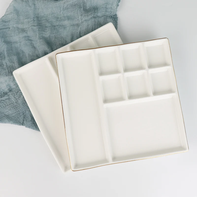 Китайская керамическая посуда, 11-дюймовая тарелка с отделением, 8 в одном, золотая оправа, белая фарфоровая посуда для шведского стола, тарелки, посуда для отеля