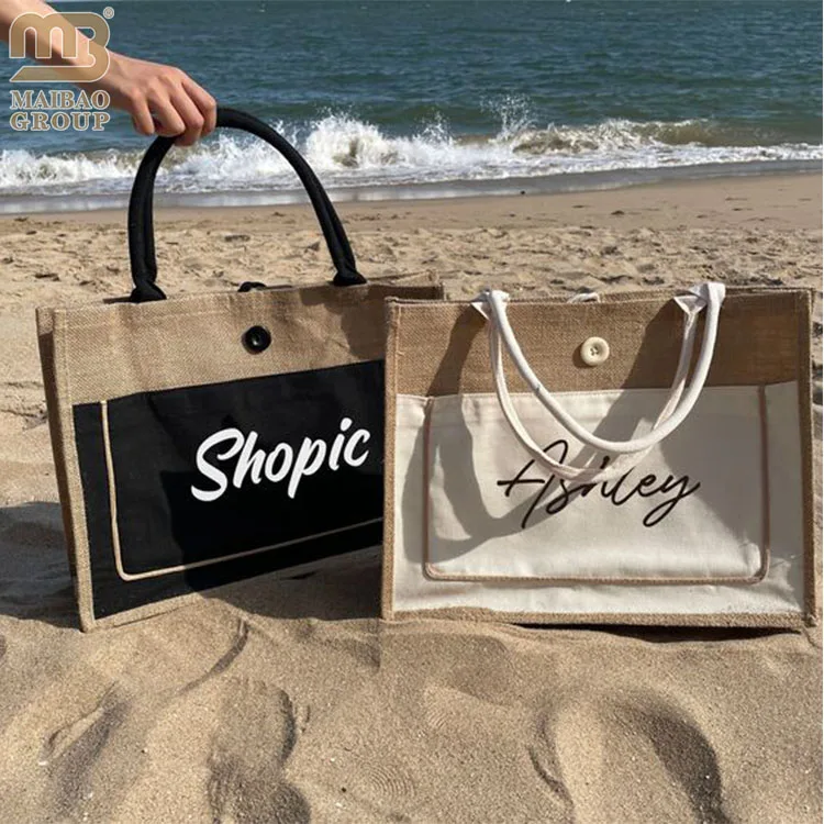 Большая джутовая пляжная сумка с принтом, натуральная экологически чистая сумка из мешковины, джутовые подарочные сумки для покупок, пляжные джутовые сумки оптом