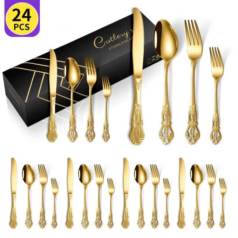 24pcs Stainless Steel Cutlery Sets Golden Silver Color Hotel Wedding Steak Knife Fork and Spoon Flatware With Gift Box