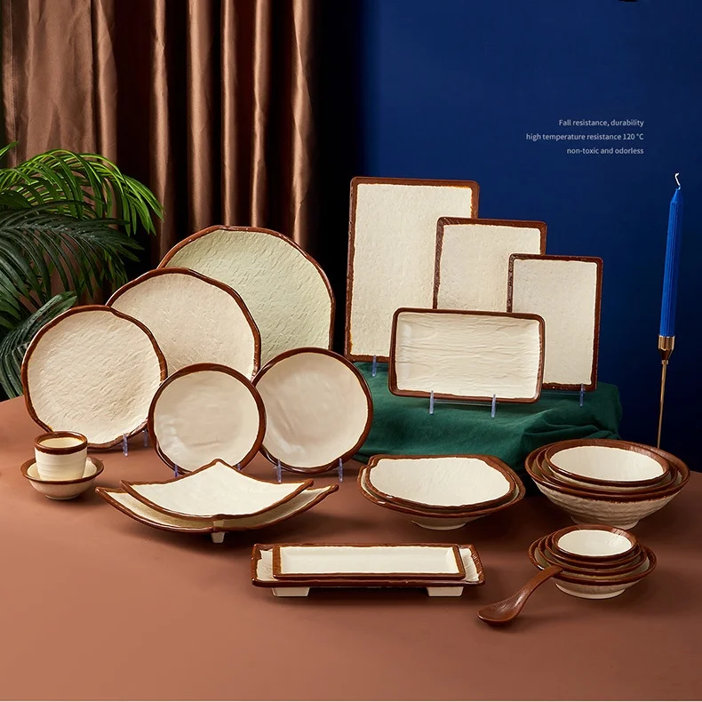 Прочные бежевые меламиновые тарелки с квадратным и круглым обеденным набором с коричневым краем для оптовой продажи меламиновой посуды