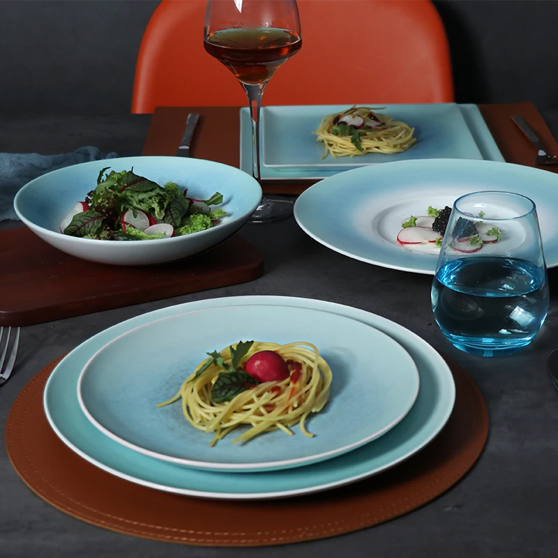Роскошный набор посуды, синяя ресторанная посуда и столовые приборы, круглые керамические тарелки 10 дюймов, керамическая тарелка для посуды