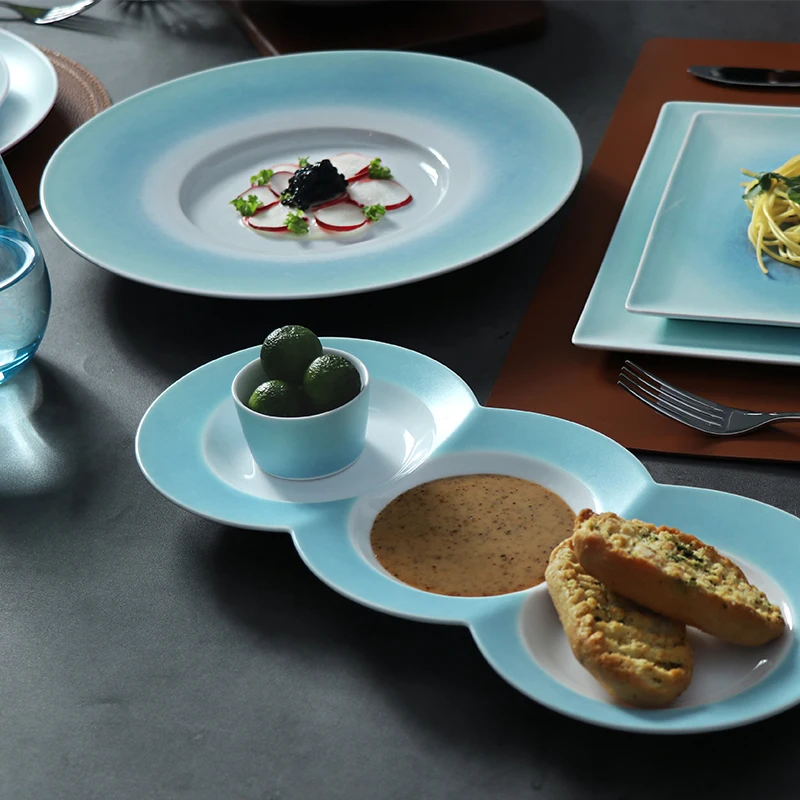 Роскошный набор посуды, синяя ресторанная посуда и столовые приборы, круглые керамические тарелки 10 дюймов, керамическая тарелка для посуды