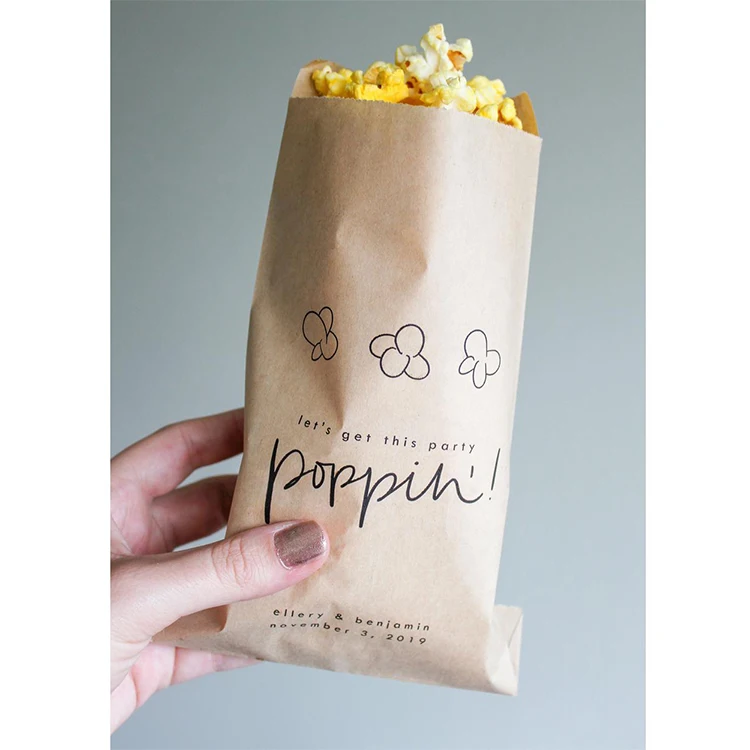 Оптовая продажа, биоразлагаемая переработанная термосвариваемая упаковка для закусок, бумажные пакеты для попкорна с логотипом на заказ